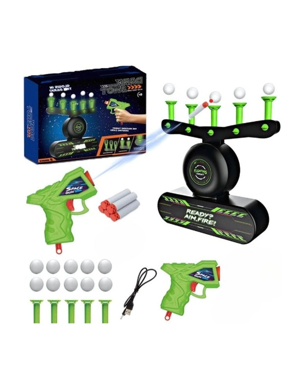 The complete shooting toy gun set with the target, gun, and foam balls on a white background.