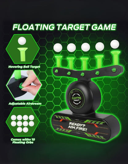 A child playing with the shooting toy gun set, showing the glowing target and foam balls in the dark.