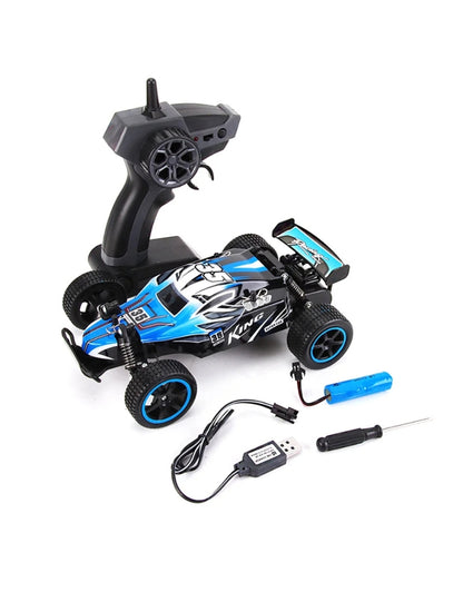 King Remote Control Toy Car 2.4 GHz set in blue, showing controller, battery, and accessories.