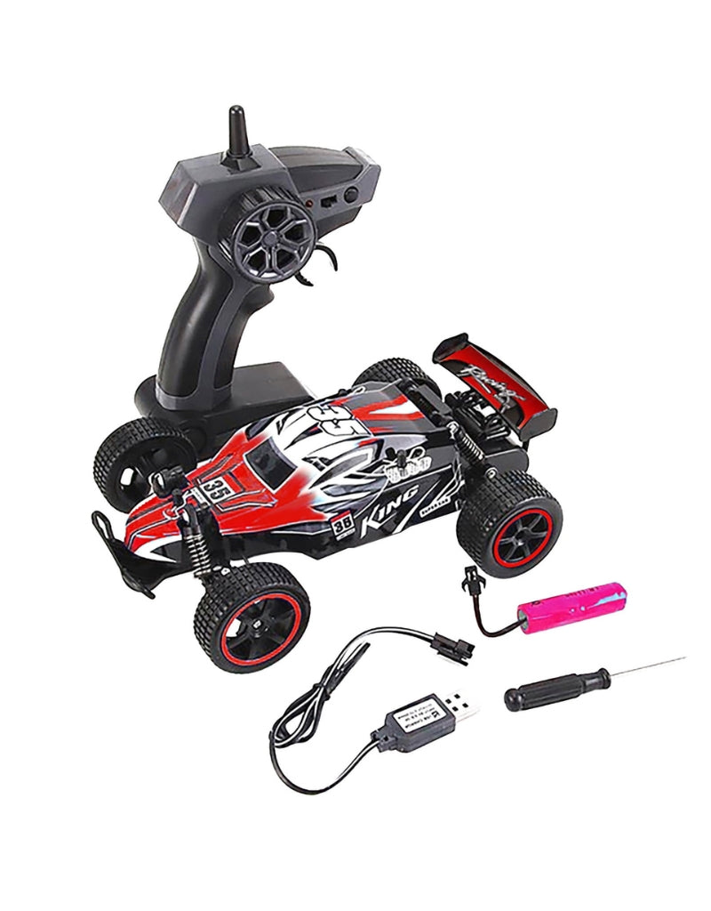 King Remote Control Toy Car 2.4 GHz set in red, showing controller, battery, and accessories.
