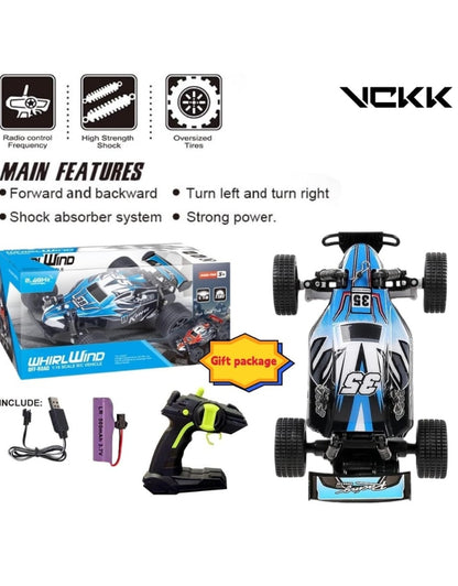 Main features graphic for King Remote Control Toy Car 2.4 GHz: shock absorber system, oversized tires.