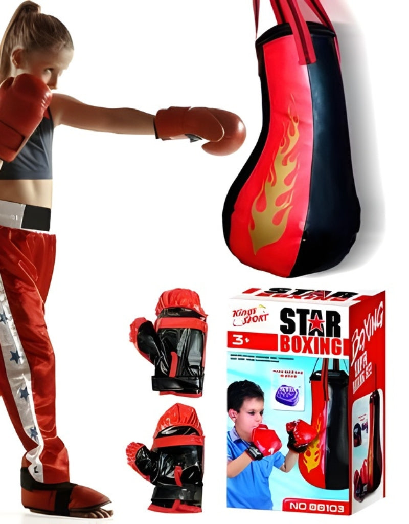 Kings Sport Star Boxing Playset showing girl punching the black and red flame design punching bag.