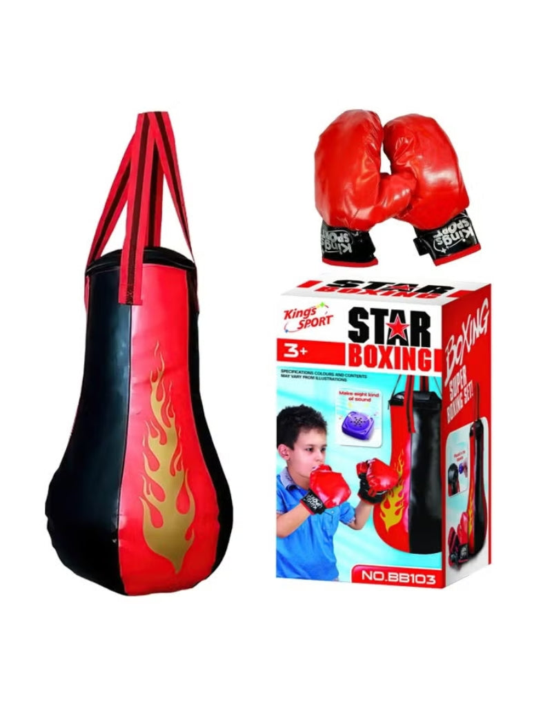 Kings Sport Star Boxing With Sound Playset showing the hanging punching bag, red gloves, and retail box.