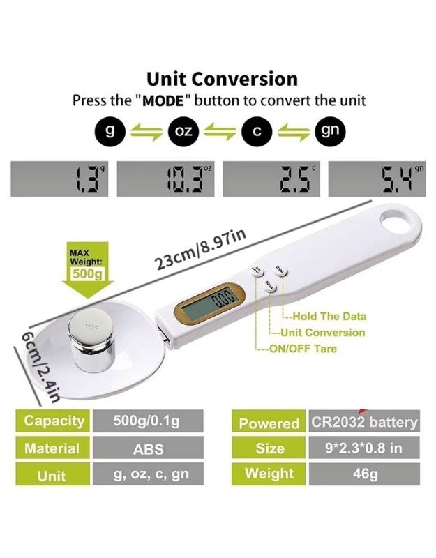 Digital spoon scale with unit conversion and specifications.