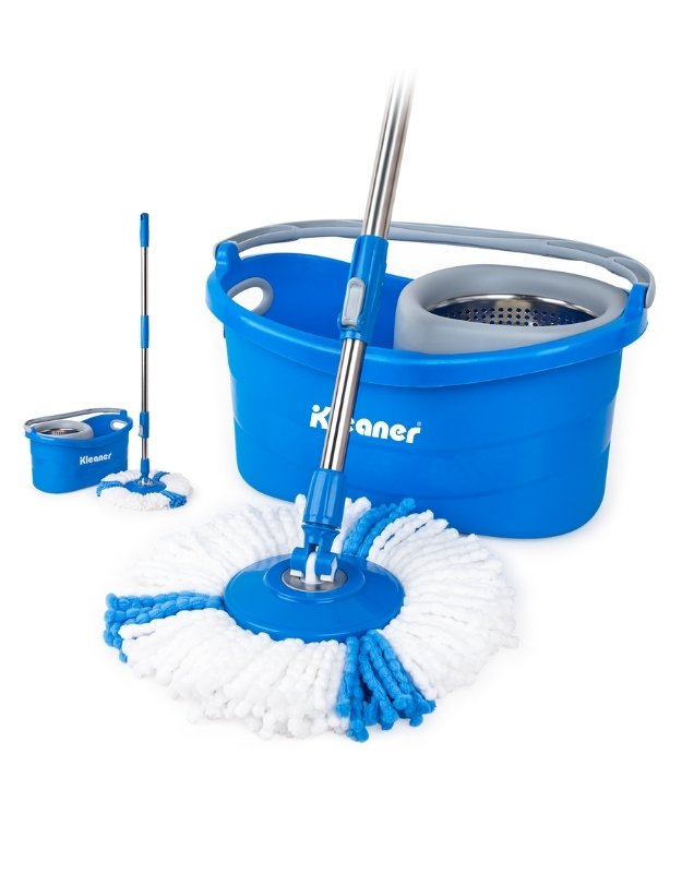 A blue microfiber mop with a stainless steel handle and a plastic mop basket, alongside two additional mop head refills.