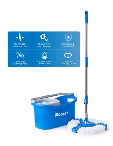 Kleaner Tornado Mop features: reinforced telescopic rod, double drive hand pressure, high speed spin bucket, hands-free washing, efficient water absorption, convenient drainage outlet.