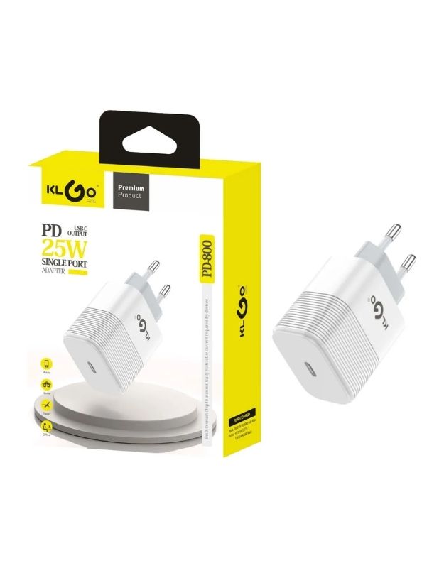 A white KLGO PD-900 25W single port USB-C travel adaptor charger with its packaging, displaying the product and its features.