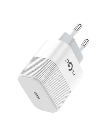 KLGO 25W USB-C power adapter with European plug and premium design.
