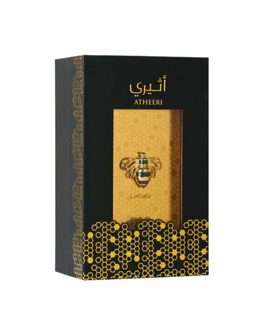 Lattafa Atheeri perfume with box – black and gold honeycomb packaging.