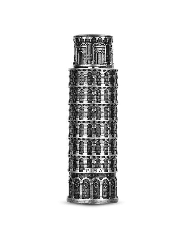 A bottle of Lattafa Pride Pisa Eau De Parfum Spray designed to resemble the Leaning Tower of Pisa.