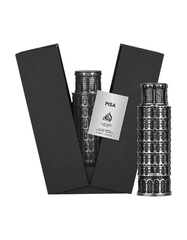 Lattafa Pisa perfume bottle with elegant black gift box.
