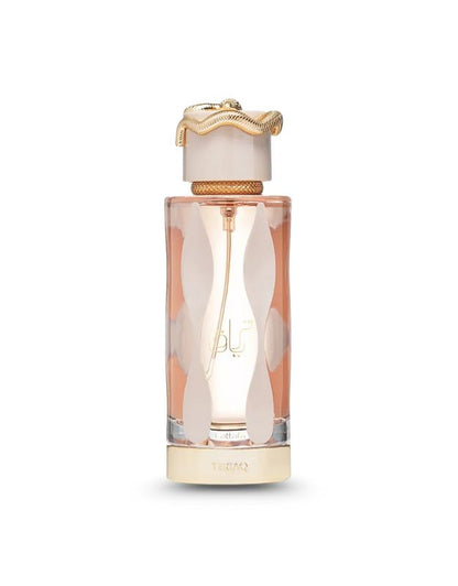 A bottle of Lattafa Teriaq Eau De Parfum Spray with a pink and white design, including a floral motif and a gold-colored cap.