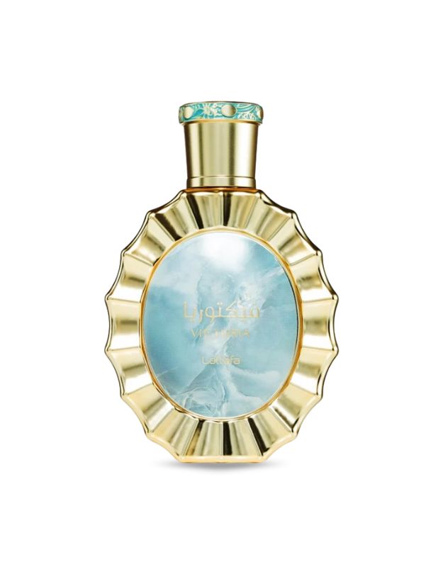 A bottle of Lattafa Victoria Eau De Parfum Spray with a blue label and gold accents.