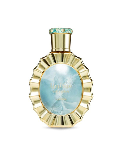 A bottle of Lattafa Victoria Eau De Parfum Spray with a blue label and gold accents.