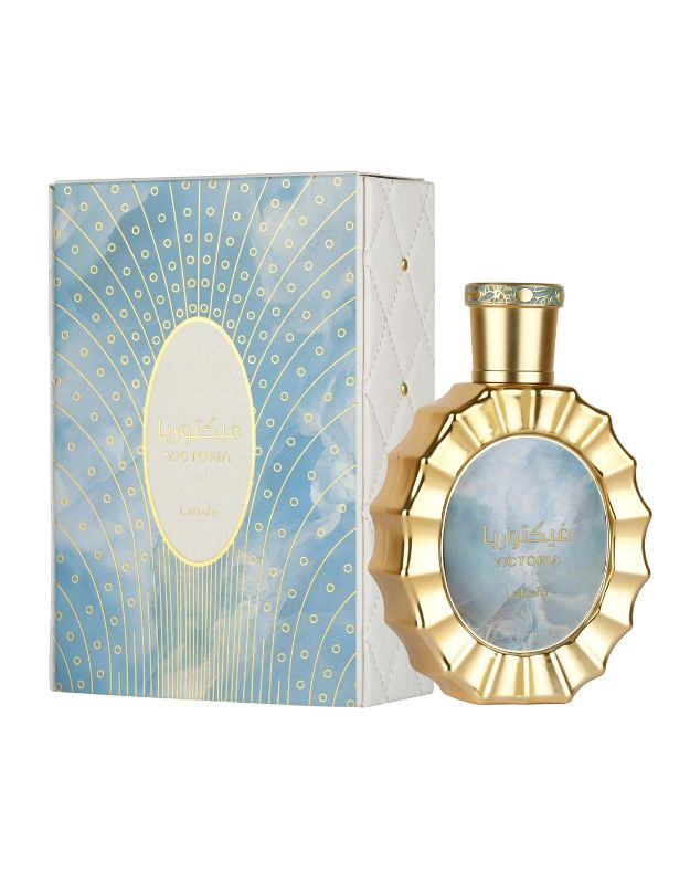 Lattafa Victoria perfume with gold bottle and decorative blue box