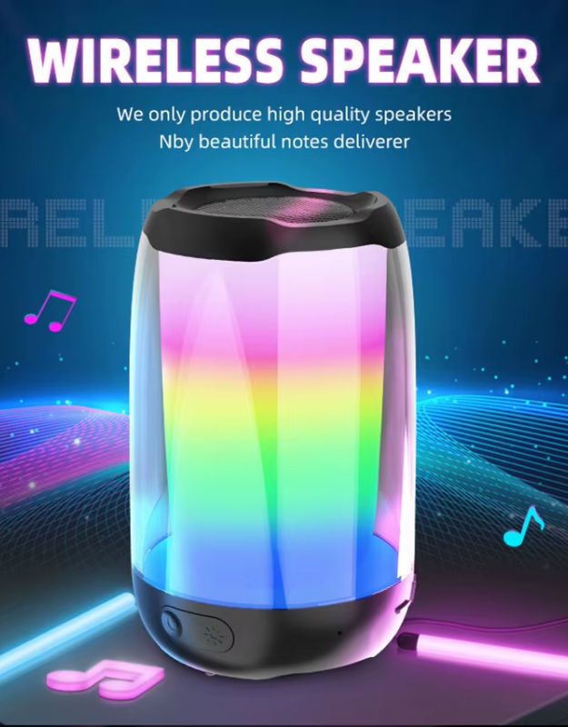 Wireless mini speaker with subwoofer and rainbow LED lights for parties.