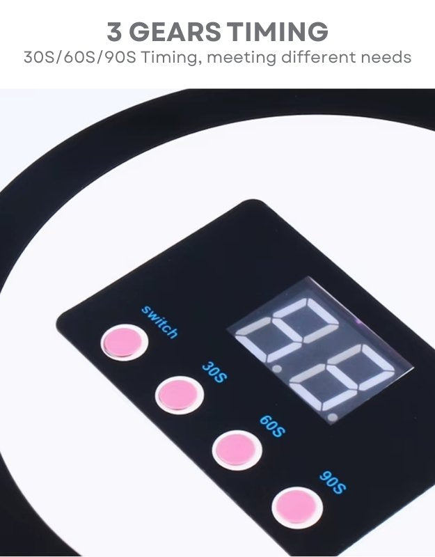 Nail lamp close-up showing 30s 60s 90s timer settings.