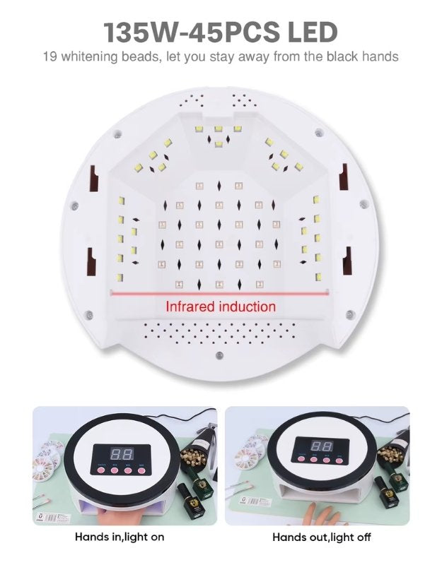 Nail lamp bottom view showing 45 LED beads with infrared sensor.