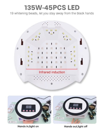 Nail lamp bottom view showing 45 LED beads with infrared sensor.