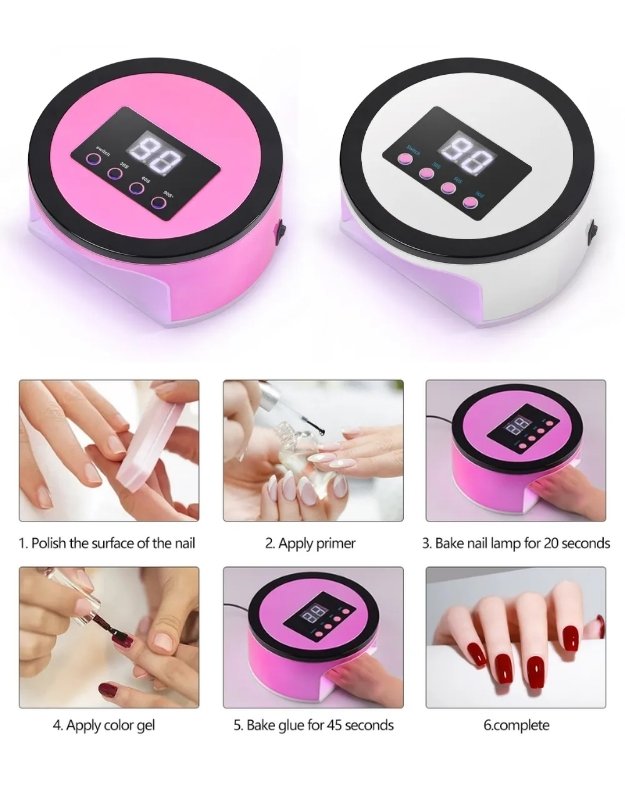 Gel manicure steps with pink and white LED nail lamps.