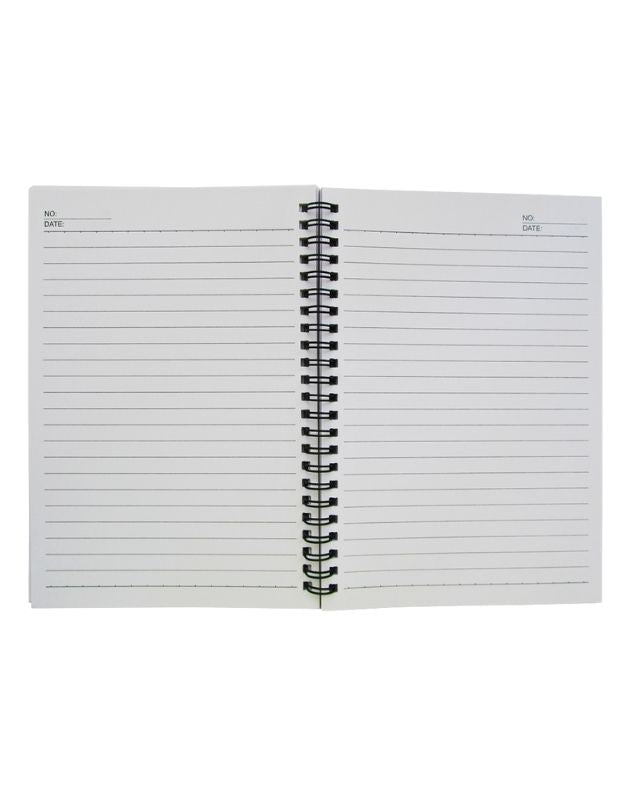 Open spiral-bound notebook with lined pages on a white background
