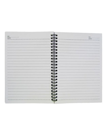 Open spiral-bound notebook with lined pages on a white background