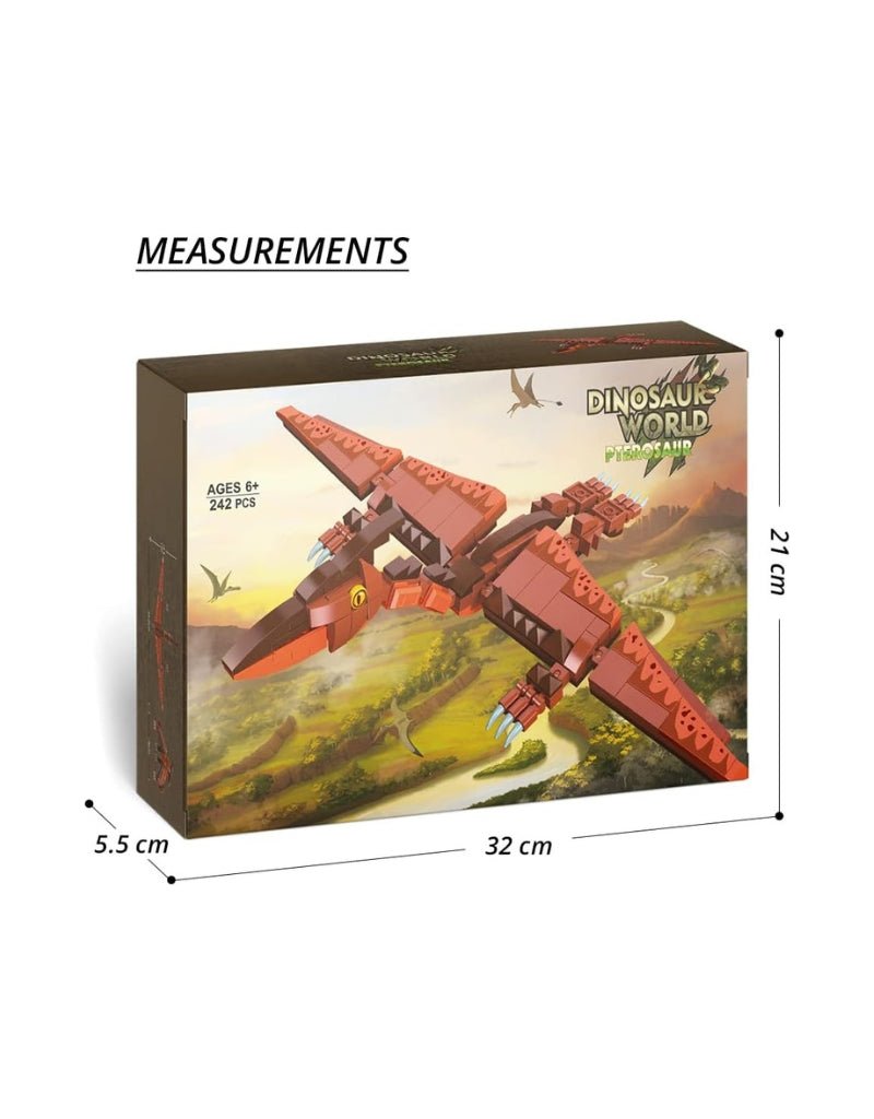 Measurements and dimensions of the retail packaging box for the Little Story 242 PCS Dinosaurs World block toy.