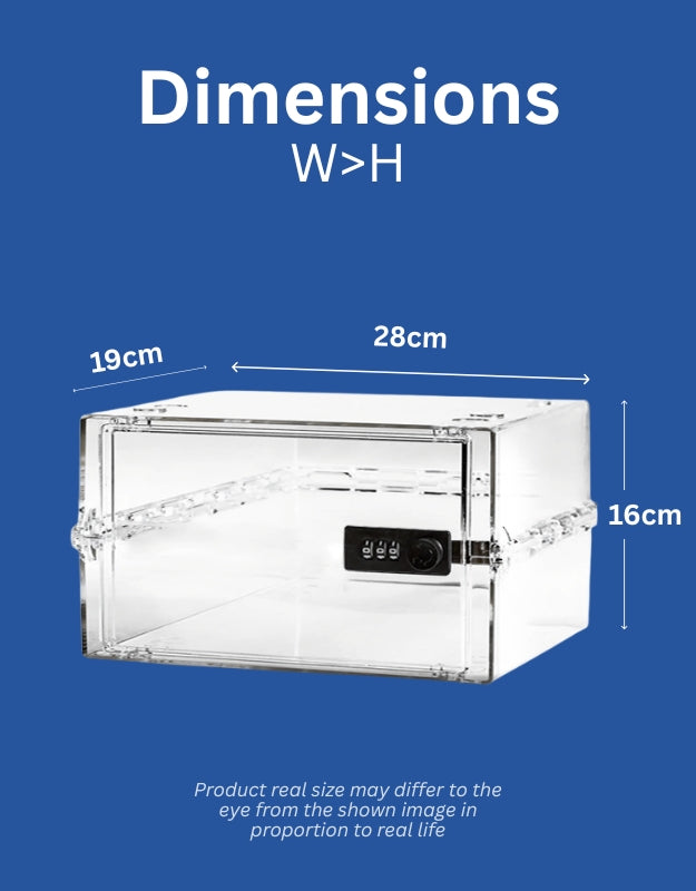 Dimensions of lockable storage box (28 cm length, 19 cm width, 16 cm height) displayed on a blue background