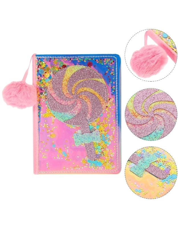Close-up of lollipop plush notebook with glittery cover, fluffy pom-pom, and colorful details for girls and teens.