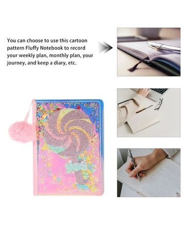 Lollipop-themed fluffy notebook shown with writing examples, ideal for planning, journaling, or creative writing.
