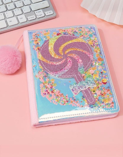 Colorful plush notebook with glittery lollipop design and pink pom-pom, perfect for girls' diaries or journaling.