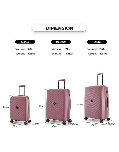 Dimensions chart for small, medium, and large rose pink luggage set.