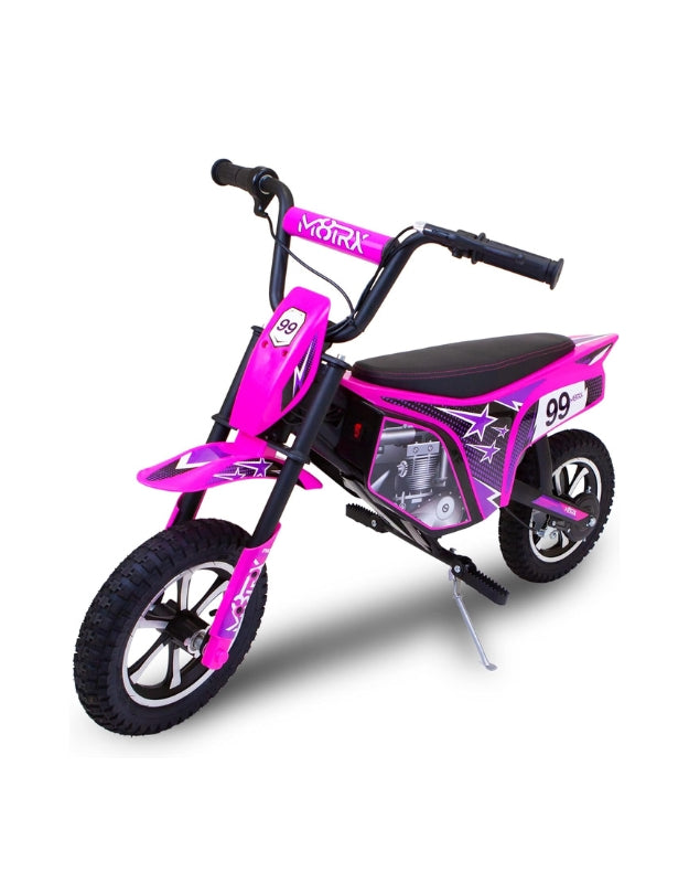 Pink 12-inch 24V electric dirt bike for kids and teens, side view with black seat and alloy wheels.