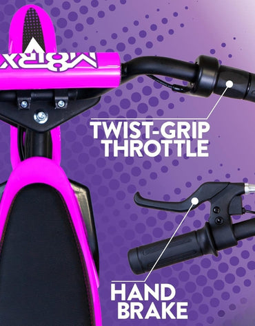 Close-up of Motrax electric dirt bike handlebars with twist-grip throttle and hand brake.