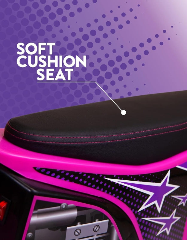 Soft cushioned seat of the M8TRX pink electric dirt bike for kids and teens