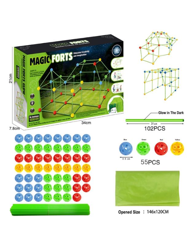 Magic Fort building kit with glow sticks, connector balls, and green fabric cover.
