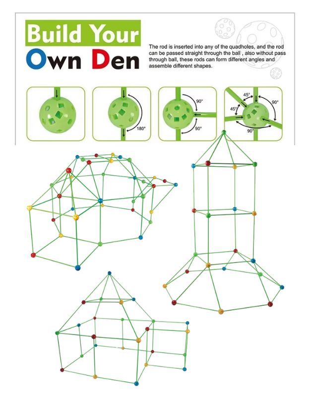 Magic Fort building kit instructions showing connector ball angles and structure designs.