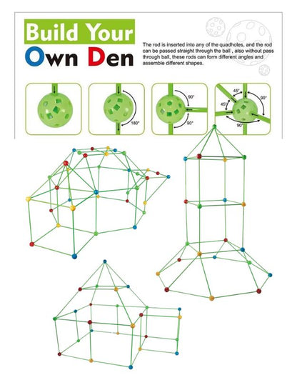 Magic Fort building kit instructions showing connector ball angles and structure designs.