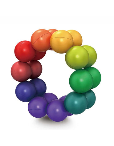 An overhead shot of all the components from the magnetic ball set, including numerous colorful balls and sticks, arranged on a white background.