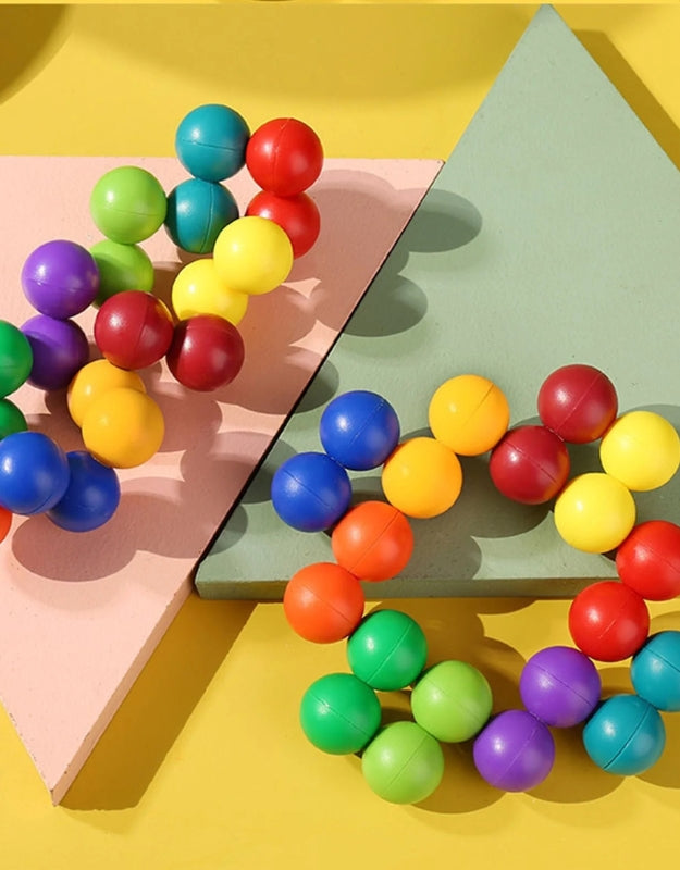 A three-panel collage showing the "Magnetic Balls" game box, a child playing with the set, and a flat lay of all the colorful balls and sticks