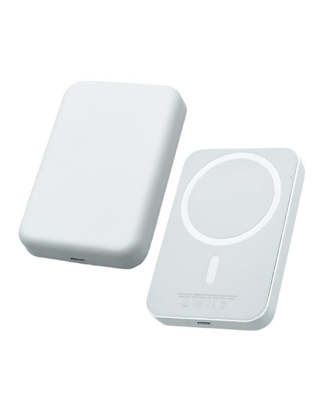 Magnetic battery pack front and back view in white, MagSafe compatible power bank for iPhone and Samsung.