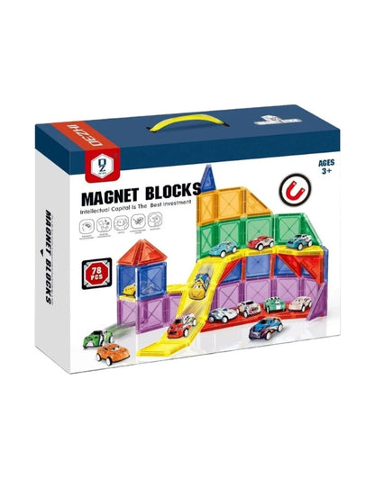 A product shot of the box for the 78-piece magnetic blocks set, showing the contents and various building possibilities