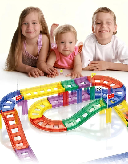The magnetic blocks are assembled to form a colorful car garage, with the red toy car parked inside