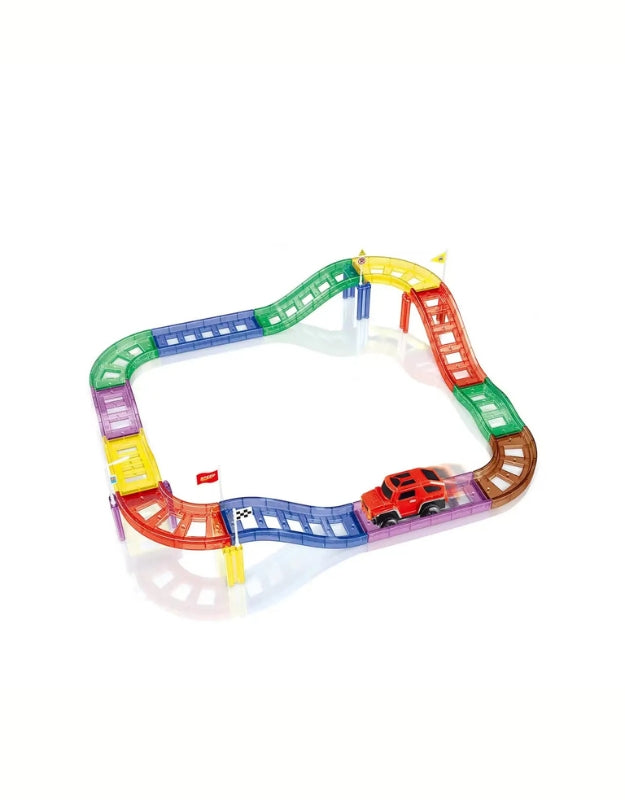 A creative shot of the magnetic building blocks assembled to form a colorful car garage for the toy car