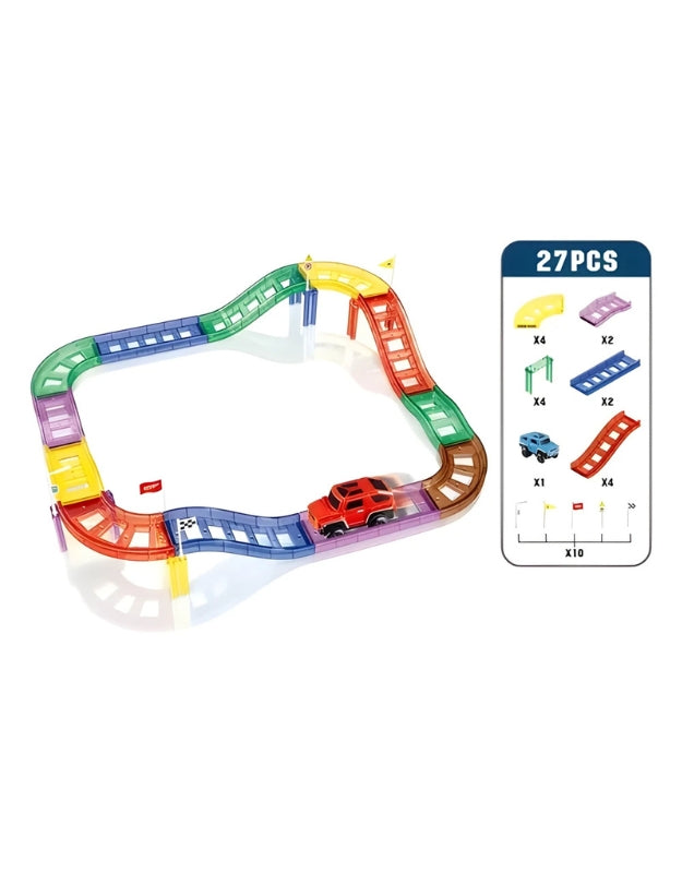 A product shot of the "Dezhi Tracks" magnetic building block set, featuring a red toy car, various road signs, and 27 colorful magnetic pieces.
