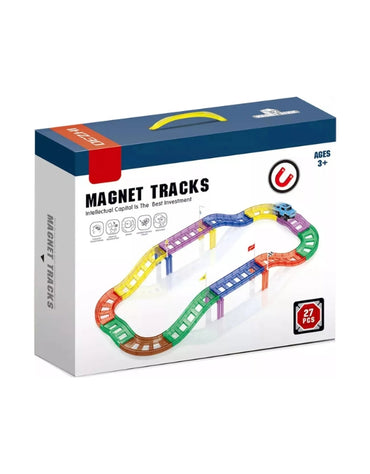 A product collage showing the "Magnetic Blocks" car track set, including a child playing with the blocks and the product box.