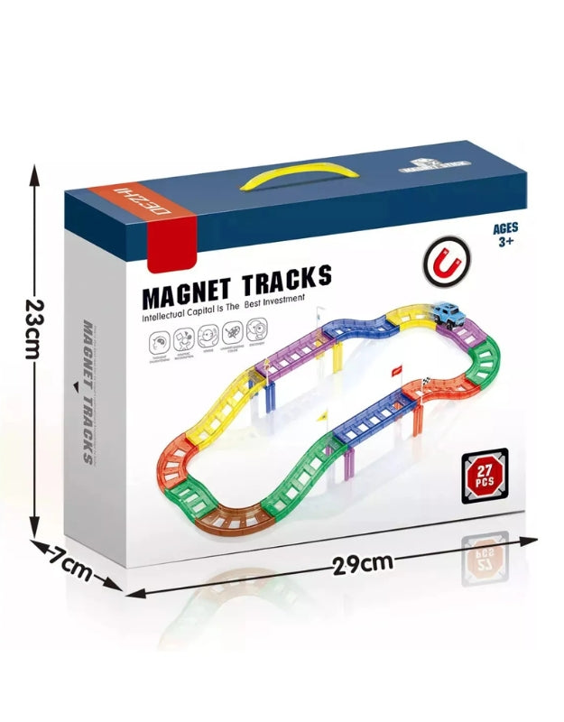 A close-up shot of the magnetic toy car with its door open, showing a small driver figure and the engine compartment. A screwdriver is visible in the background.