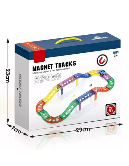 A close-up shot of the magnetic toy car with its door open, showing a small driver figure and the engine compartment. A screwdriver is visible in the background.