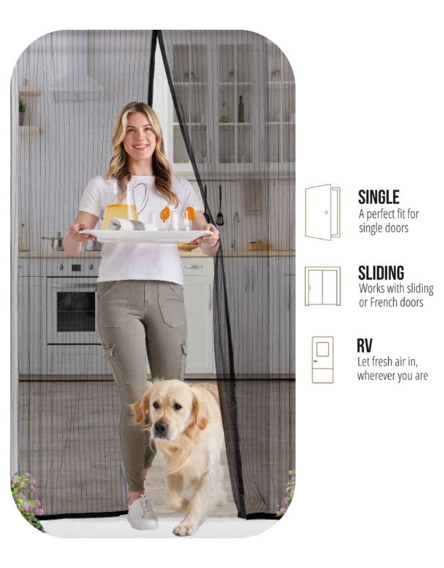 Magnetic mesh door screen for single, sliding, and RV doors, hands-free entry with dog-friendly design.