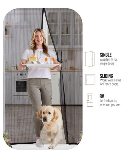 Magnetic mesh door screen for single, sliding, and RV doors, hands-free entry with dog-friendly design.
